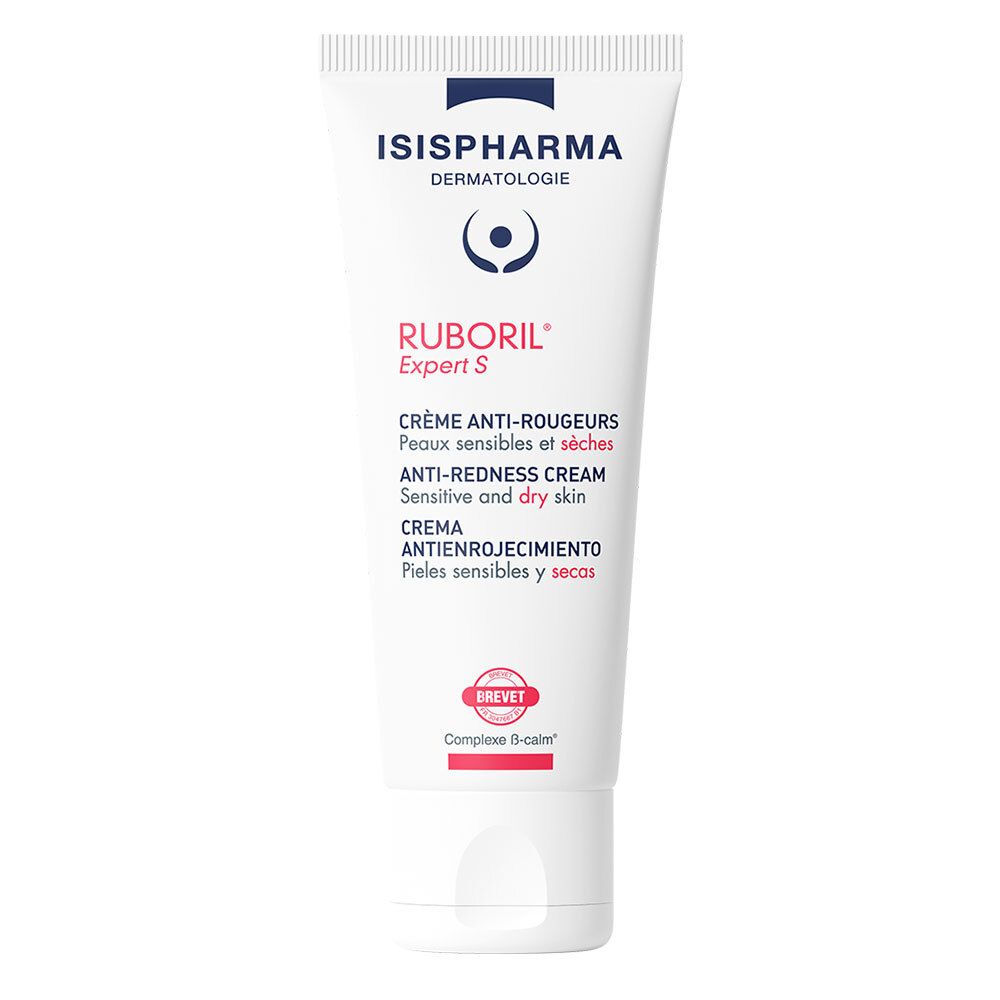 Witte tube met ISISPHARMA-logo en Ruboril Expert S. Tekst: Crème anti-rougeurs, Anti-Redness Cream, Crema antienrojecimiento.