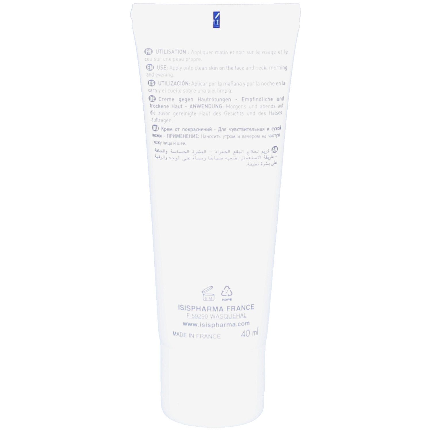 Achterkant van een witte tube met meertalige tekst. Fabrikantinfo en volume-aanduiding 40 ml.