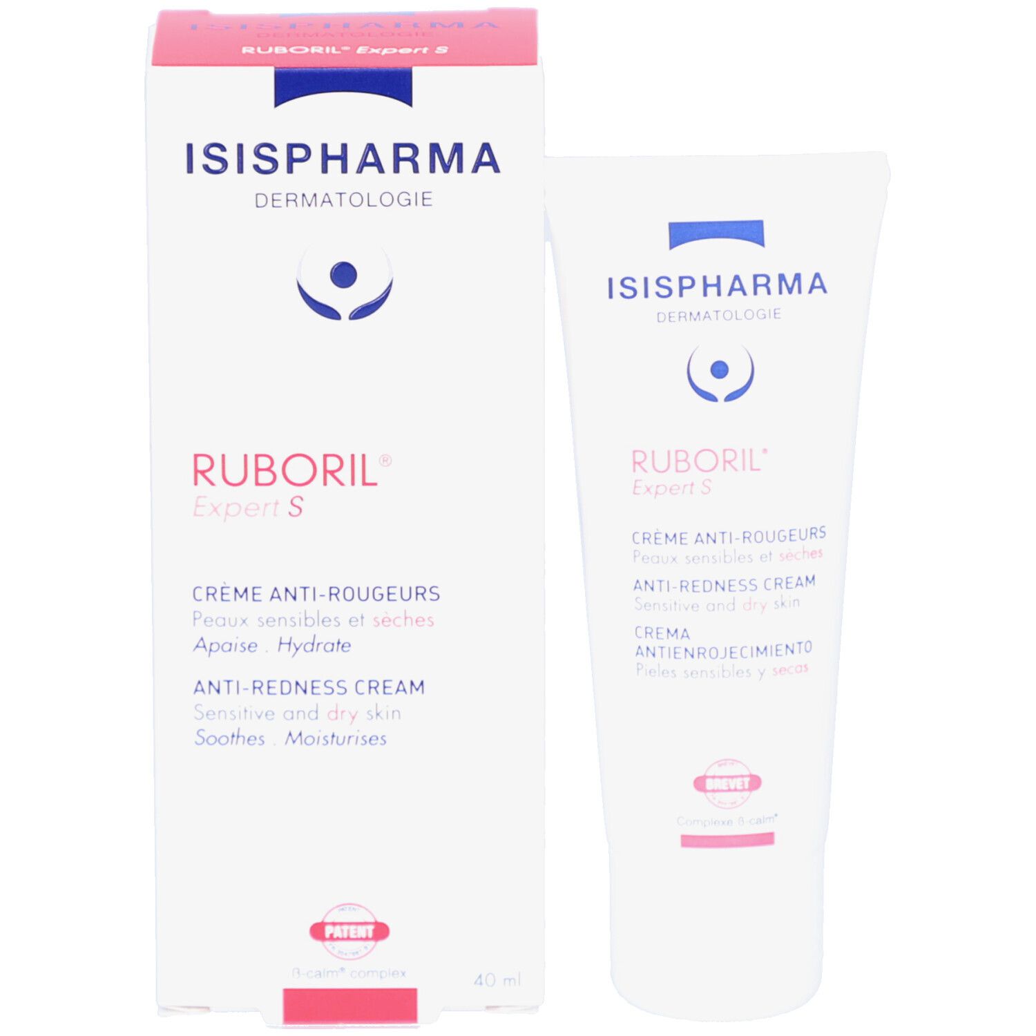 Ruboril Expert S tube en doos. Doos met ISISPHARMA-logo en productnaam. 40 ml.