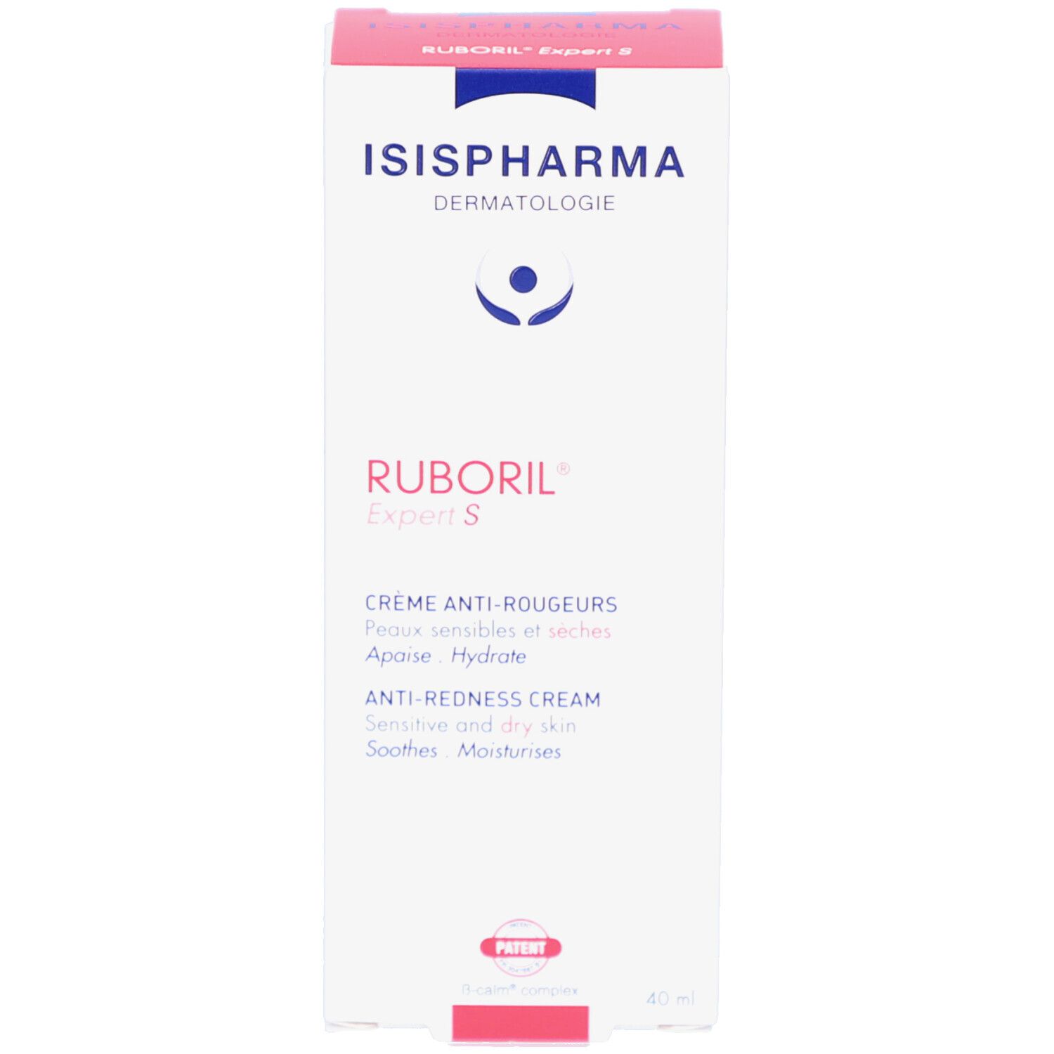 Doos Ruboril Expert S. ISISPHARMA-logo, productnaam en tekst: Crème anti-rougeurs, Anti-Redness Cream, Crema antienrojecimiento.