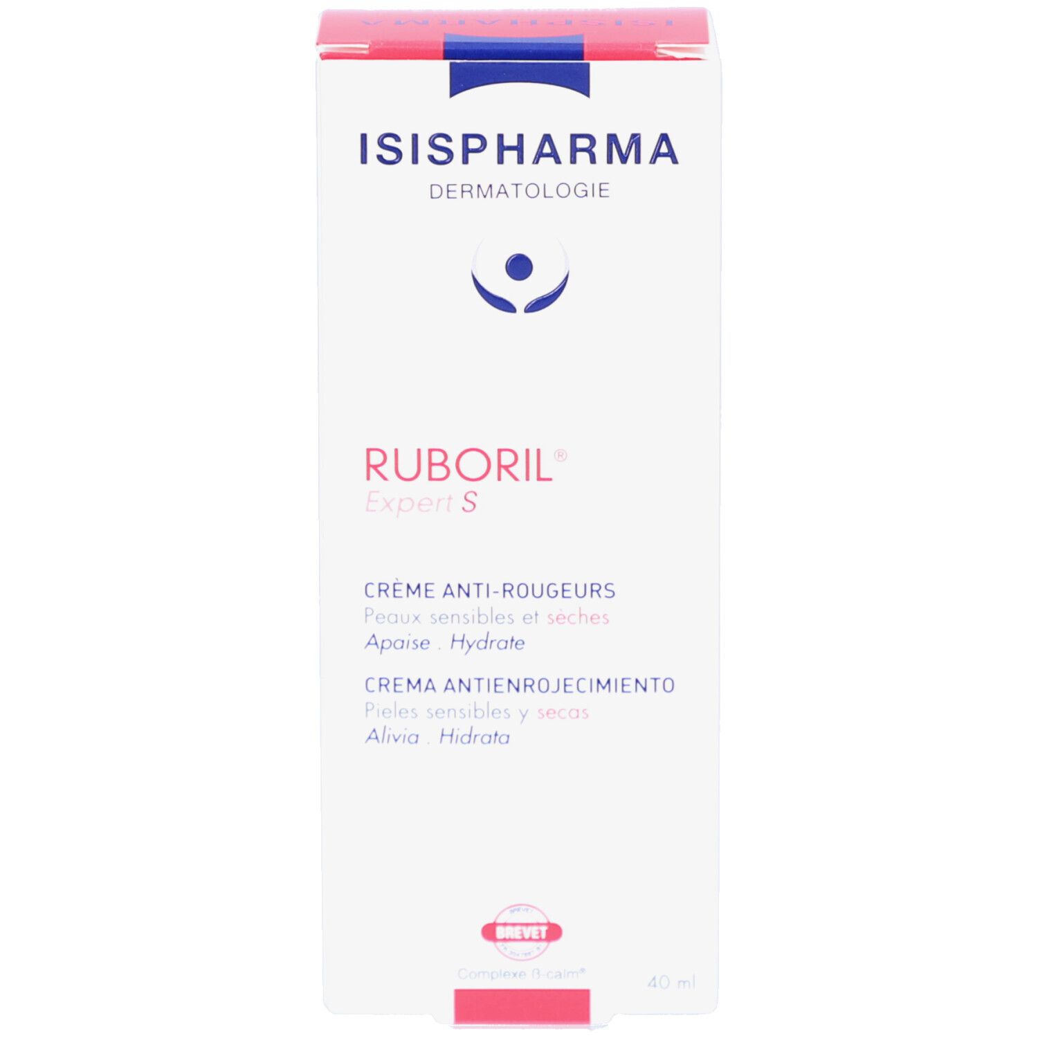 Doos Ruboril Expert S. ISISPHARMA-logo, productnaam en tekst: Crème anti-rougeurs, Anti-Redness Cream, Crema antienrojecimiento.