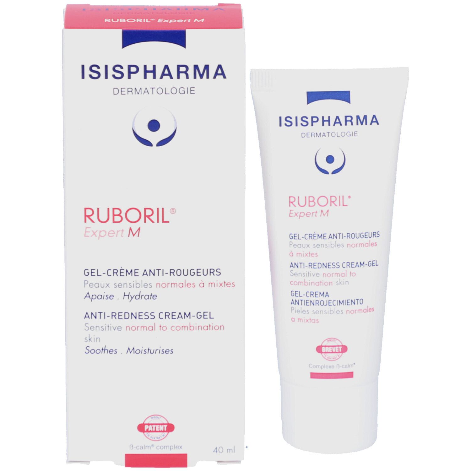 Doos en tube ISISPHARMA Ruboril Expert M. Doos met rode deksel. Tekst: Gel-Crème Anti-Rougeurs. Patent.