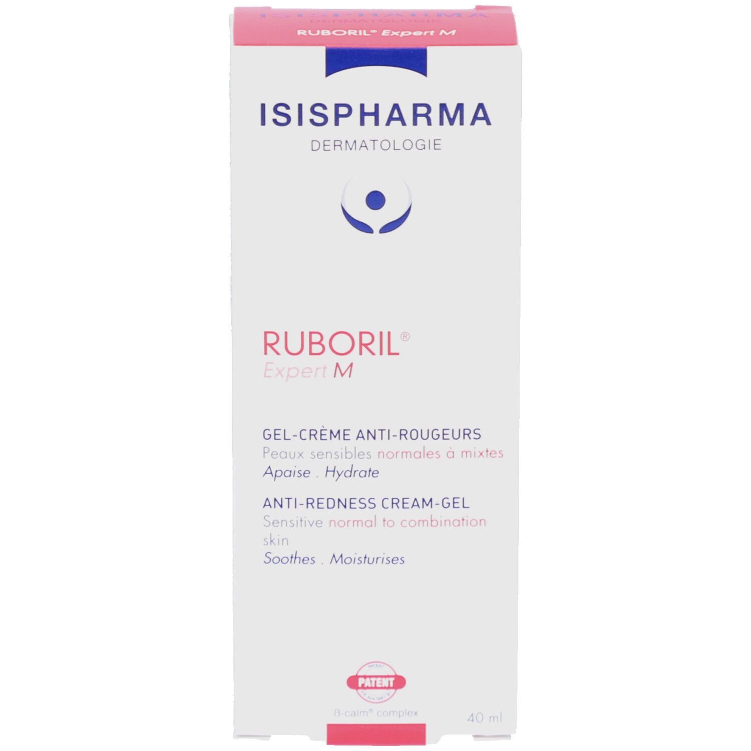 Doos ISISPHARMA Ruboril Expert M. Rode deksel. Tekst: Gel-Crème Anti-Rougeurs. Patent.