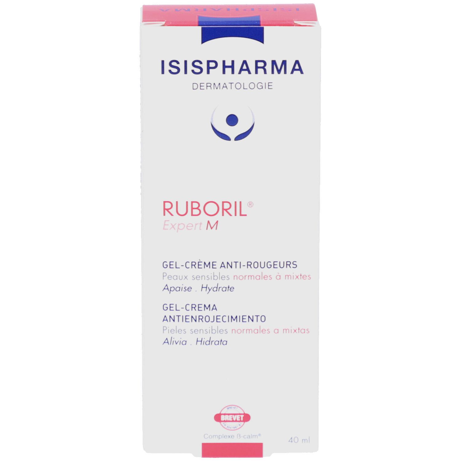 Doos ISISPHARMA Ruboril Expert M. Tekst: Gel-Crème Anti-Rougeurs. Rode stempel: Brevet. 40 ml.