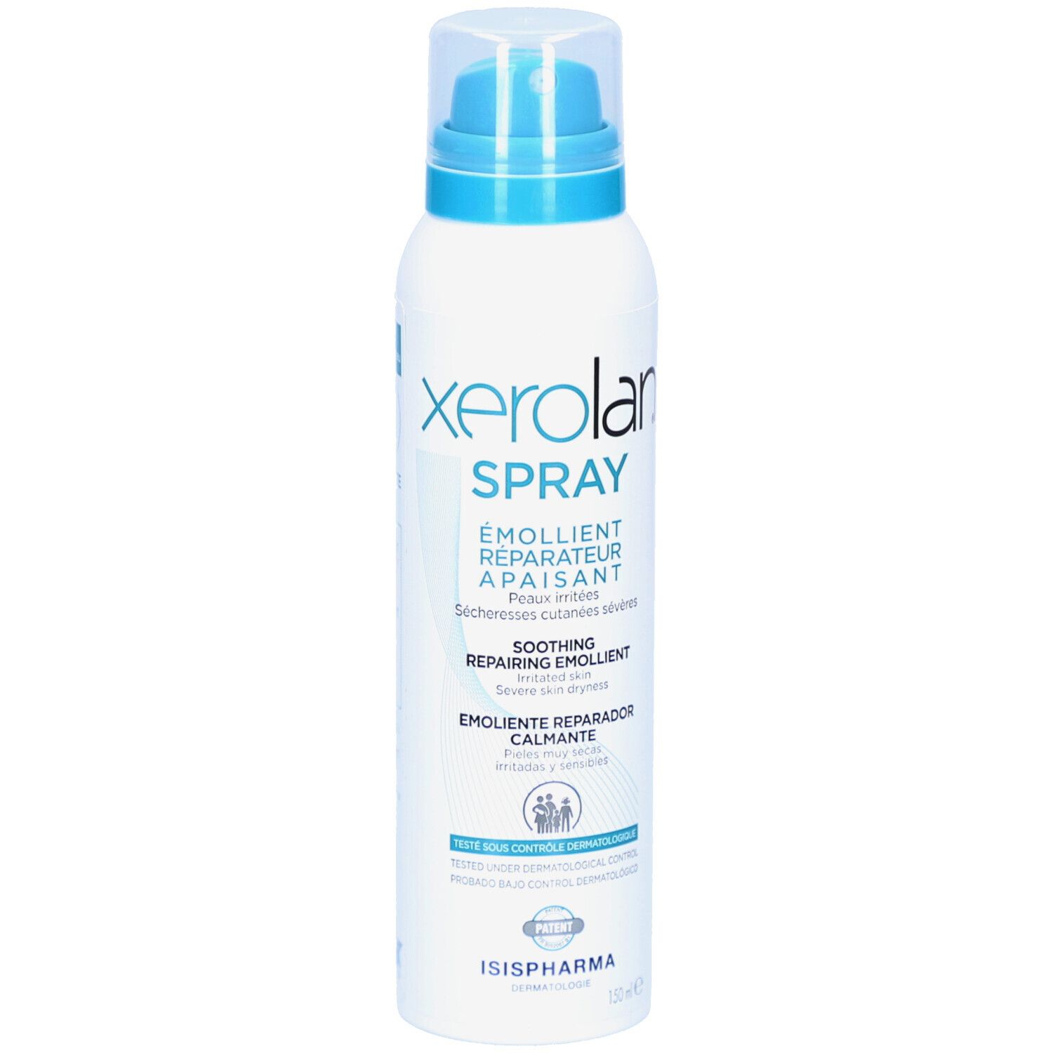 Wit en blauw sprayflesje. Tekst: Xerolan Spray, Emollient, Réparateur, Apaisant. ISISPHARMA logo. Patent.