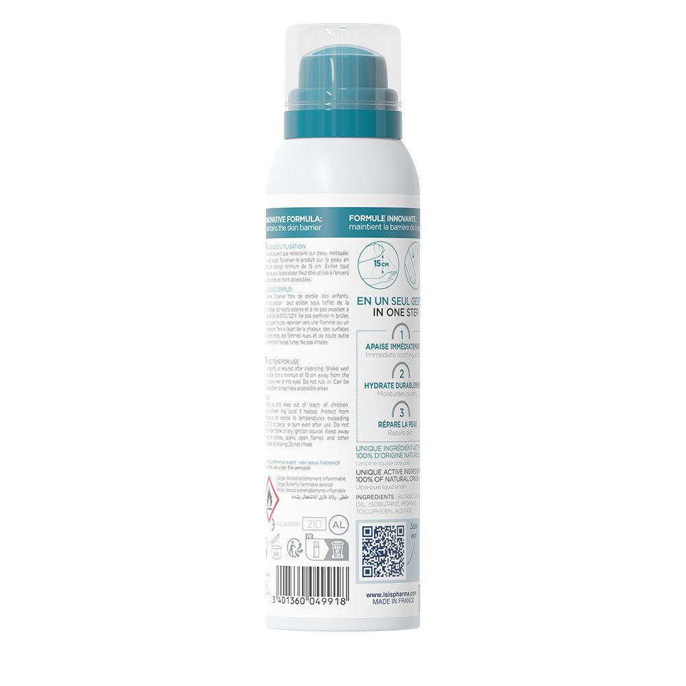 Achterkant van het witte sprayflesje. Tekst: Ingrediënten, gebruiksaanwijzing. QR-code. ISISPHARMA logo.