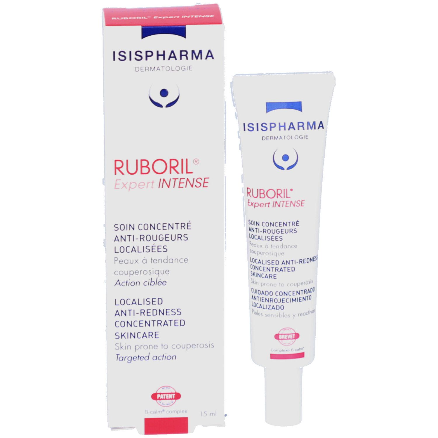 Emballage produit avec tube. Tube blanc et boîte rectangulaire avec nom Ruboril Expert Intense. Accent rouge.