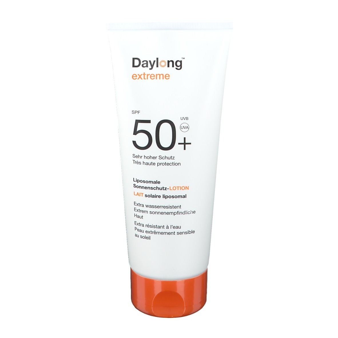 Tube blanche avec bouchon orange. Inscription : Daylong extreme, SPF 50+. Lait solaire liposomial.