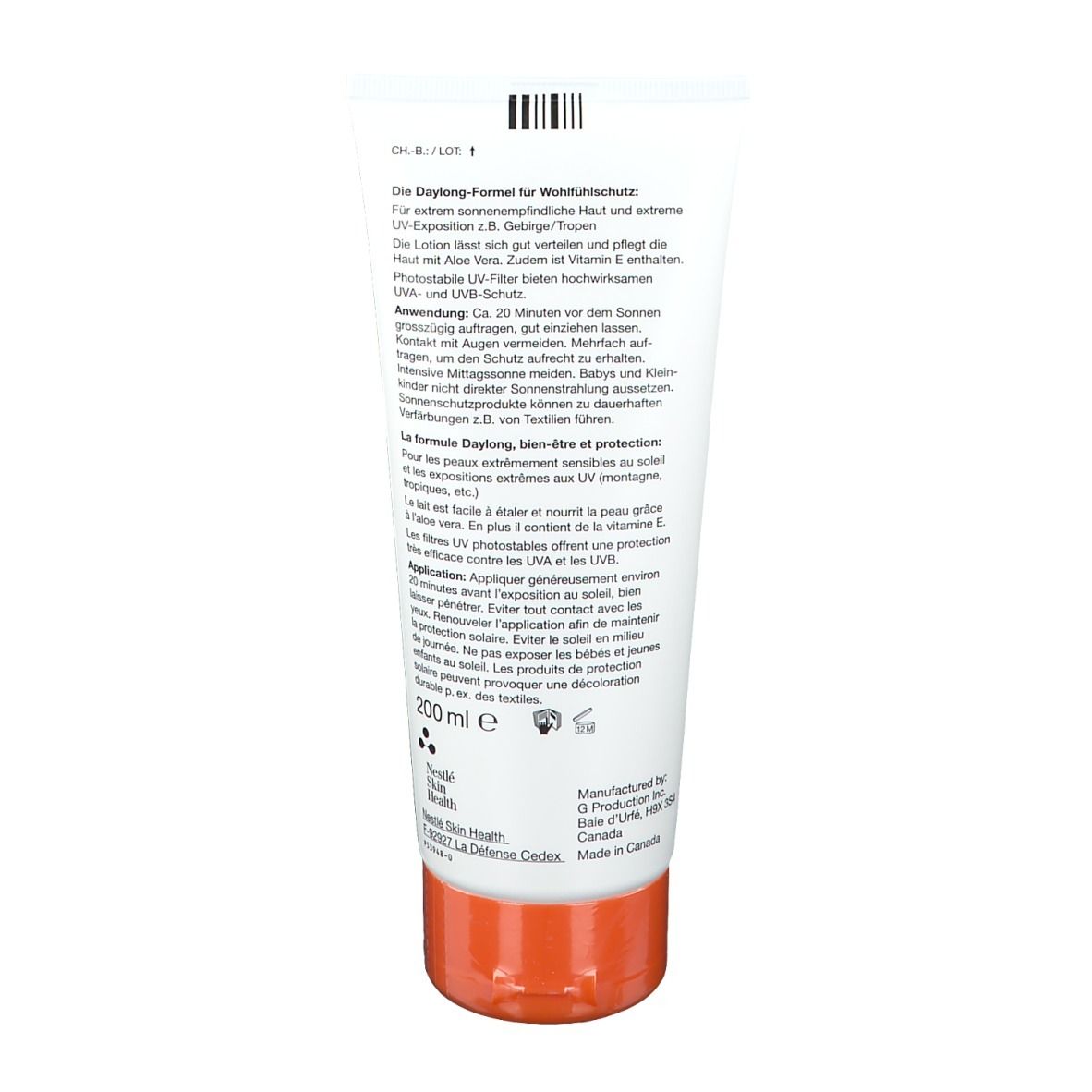 Dos du tube blanc avec texte. Bouchon orange. Code-barres en haut.
