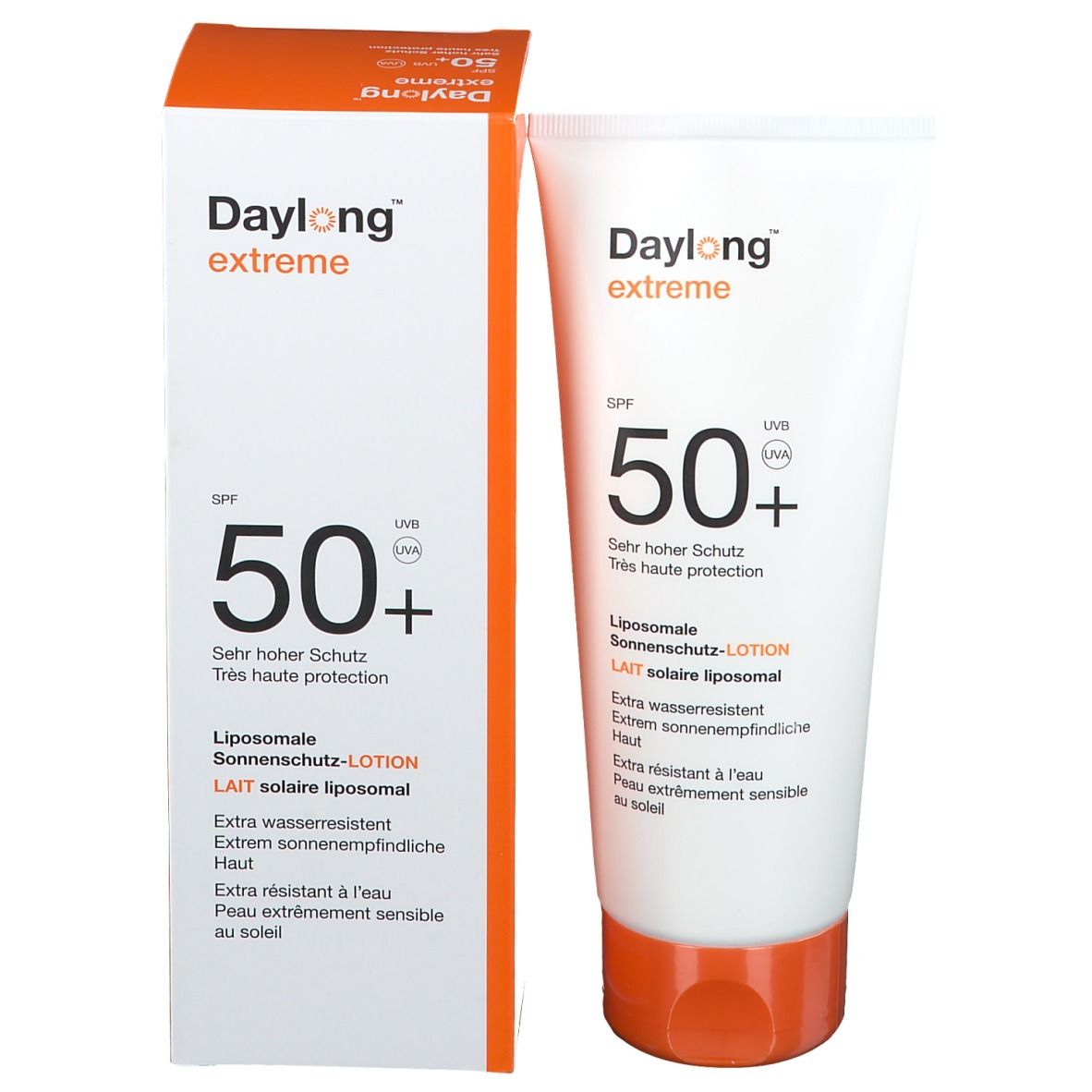 Emballage du produit : tube et carton. Inscription : Daylong extreme, SPF 50+. Lait solaire liposomial.