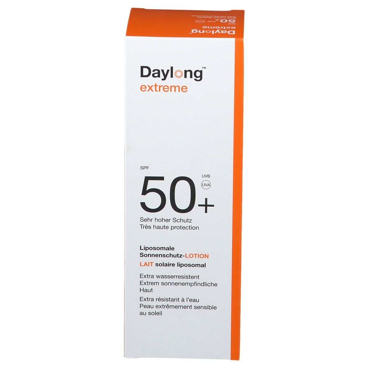Emballage en carton. Inscription : Daylong extreme, SPF 50+. Lait solaire liposomial.