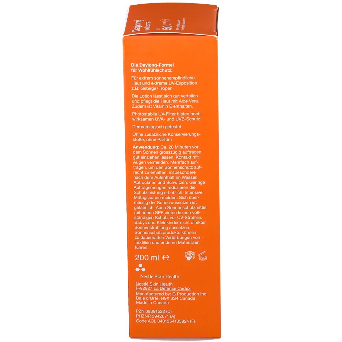 Emballage en carton, dos. Texte en allemand. Inscription : Daylong extreme, SPF 50+.