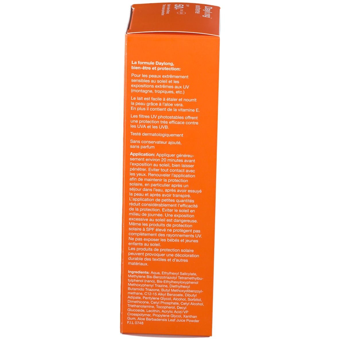 Emballage en carton, dos. Texte en français. Inscription : Daylong extreme, SPF 50+.