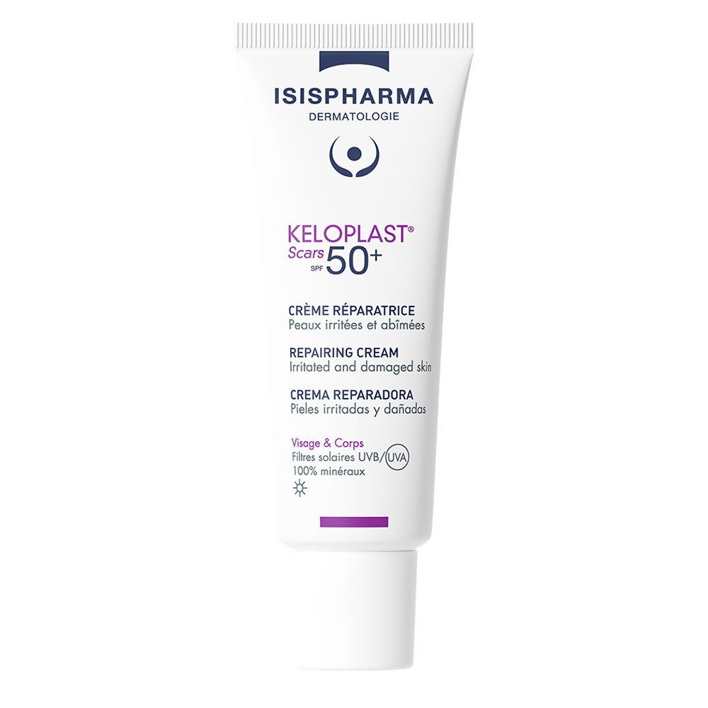 Witte tube ISISPHARMA Keloplast Cracks SPF50+. Tekst in Frans, Engels, Spaans. Herstellende crème voor geïrriteerde huid.