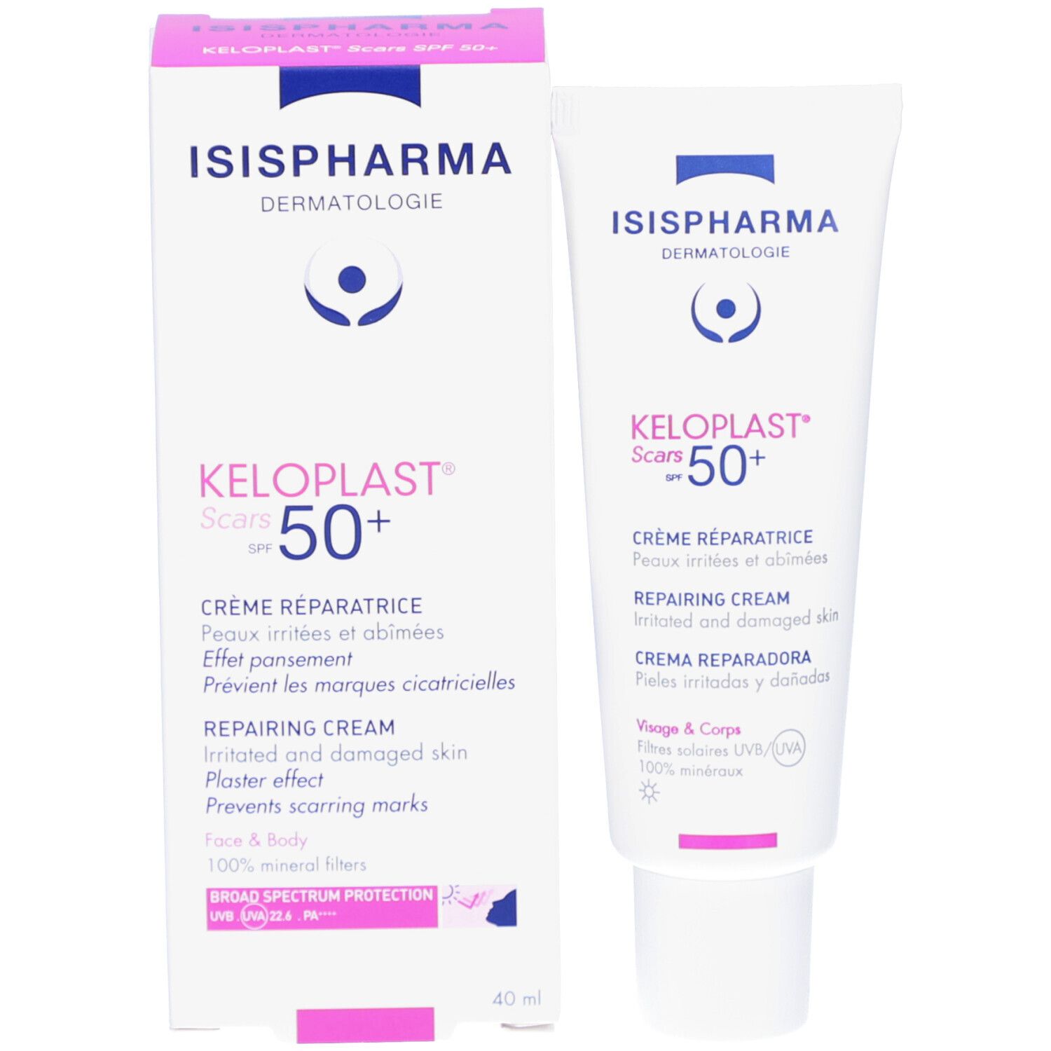 ISISPHARMA Keloplast Cracks SPF50+ tube en verpakking. Witte tube en roze-witte doos. Tekst in meerdere talen.