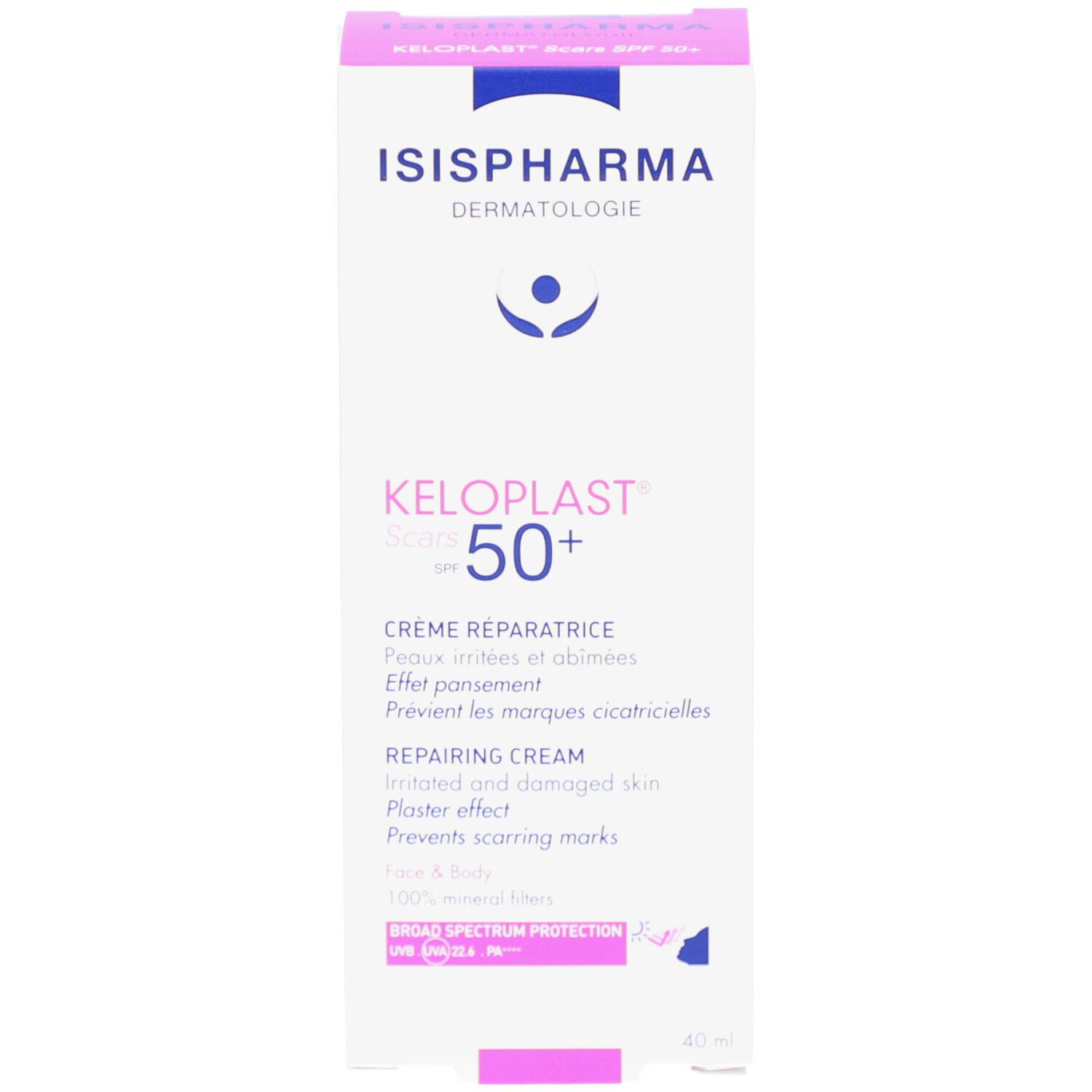 ISISPHARMA Keloplast Cracks SPF50+ verpakking. Roze-witte doos. Tekst in meerdere talen. Bevat productinformatie.