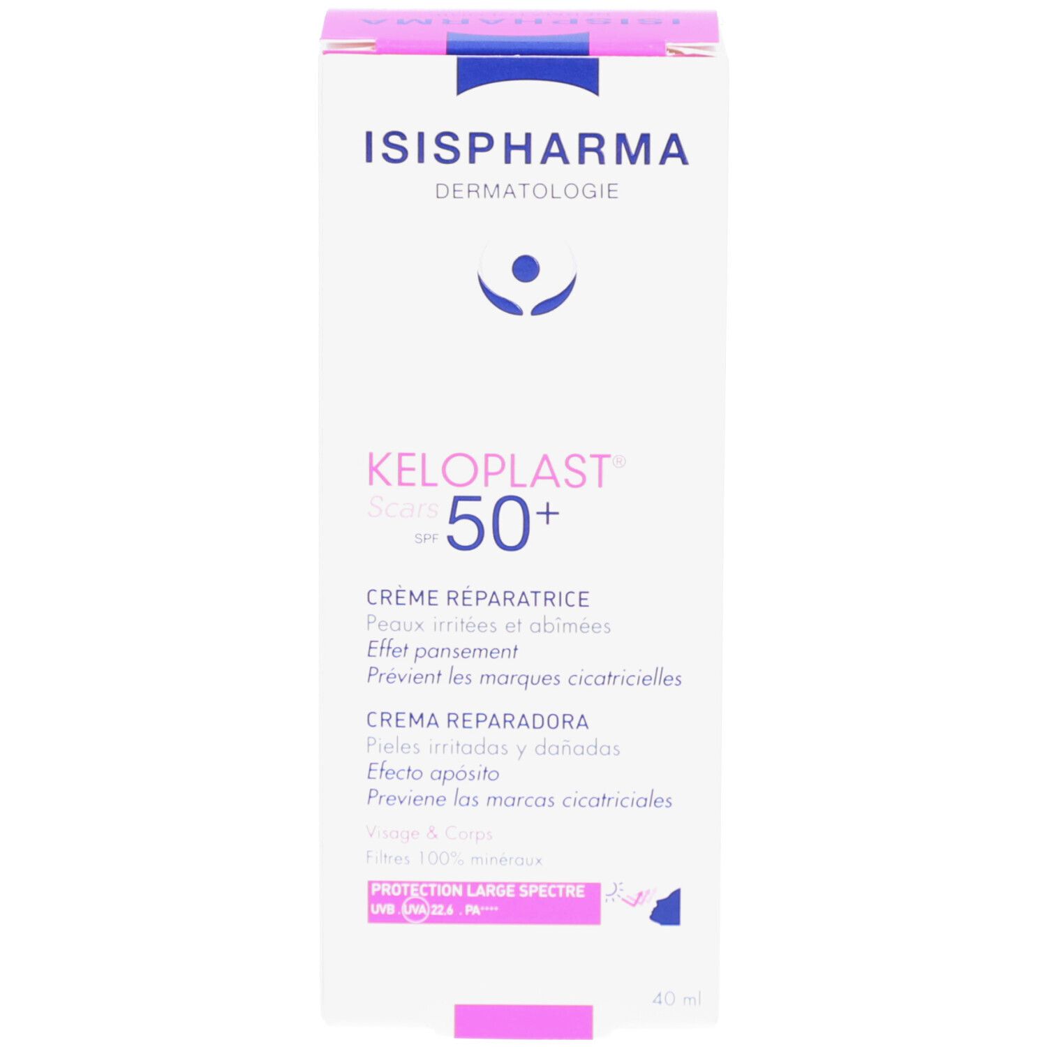 ISISPHARMA Keloplast Cracks SPF50+ verpakking. Roze-witte doos. Tekst in meerdere talen. Bevat productinformatie.