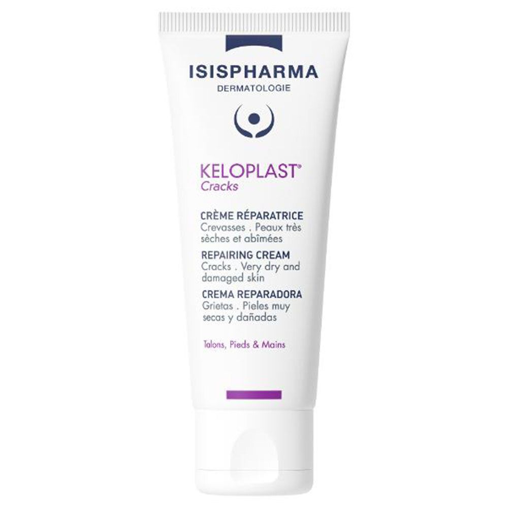 Tube blanc ISISPHARMA Keloplast Cracks. Crème réparatrice pour peaux très sèches et abîmées. Texte en anglais, français, espagnol.
