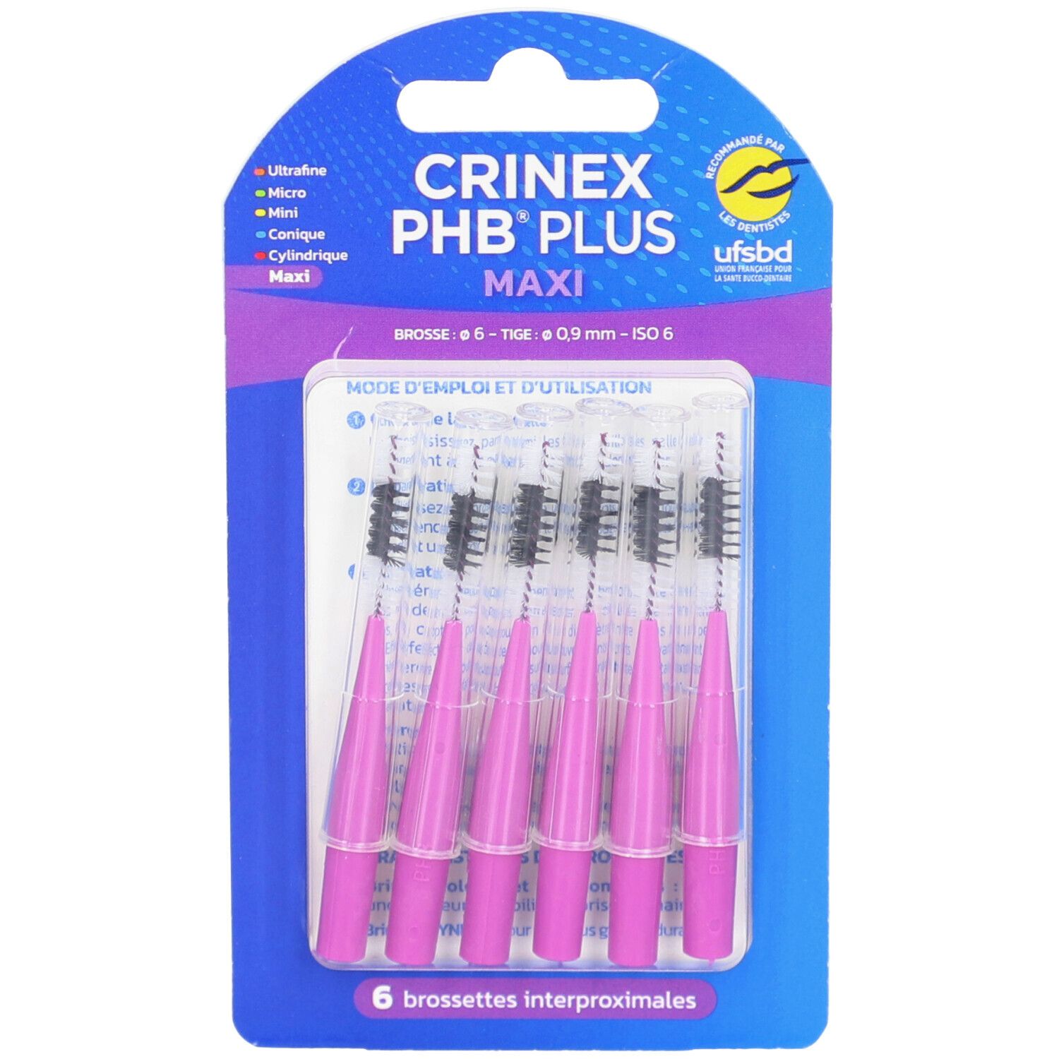 Paquet de 6 brossettes interdentaires CRINEX PHB PLUS Maxi, roses. Cylindriques, compactes. Emballage bleu avec nom et logo.