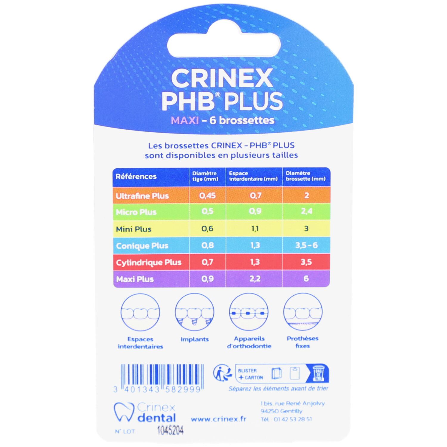 Dos de l'emballage CRINEX PHB PLUS Maxi. Nom du produit, informations sur les tailles et logo. Informations sur les brosses.