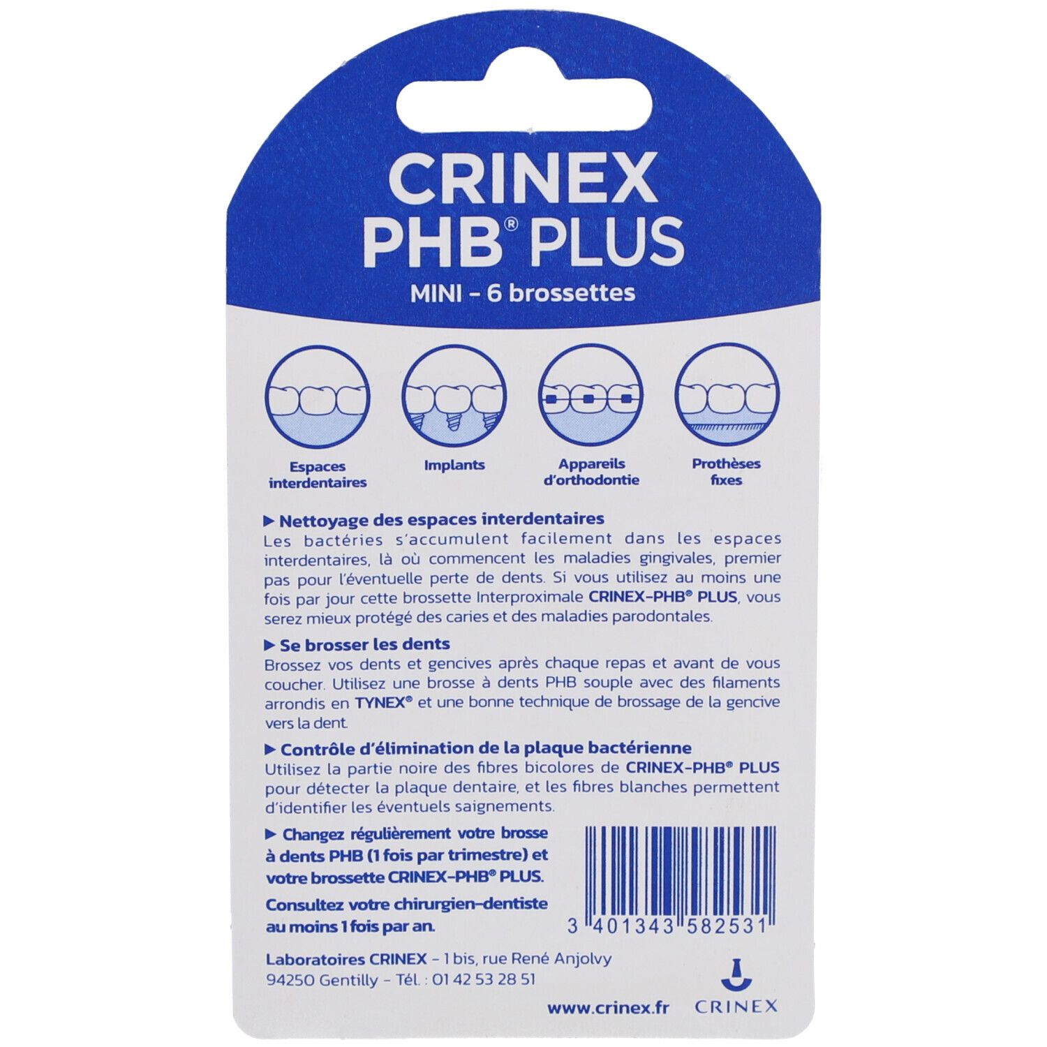 Achterkant van de Crinex PHB Plus Mini verpakking. Tekst met toepassingsgebieden en instructies.