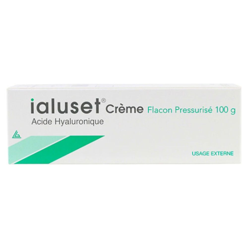 Witte doos met opdruk: ialuset Crème, Flacon Pressurisé, 100 g. Groene accenten.