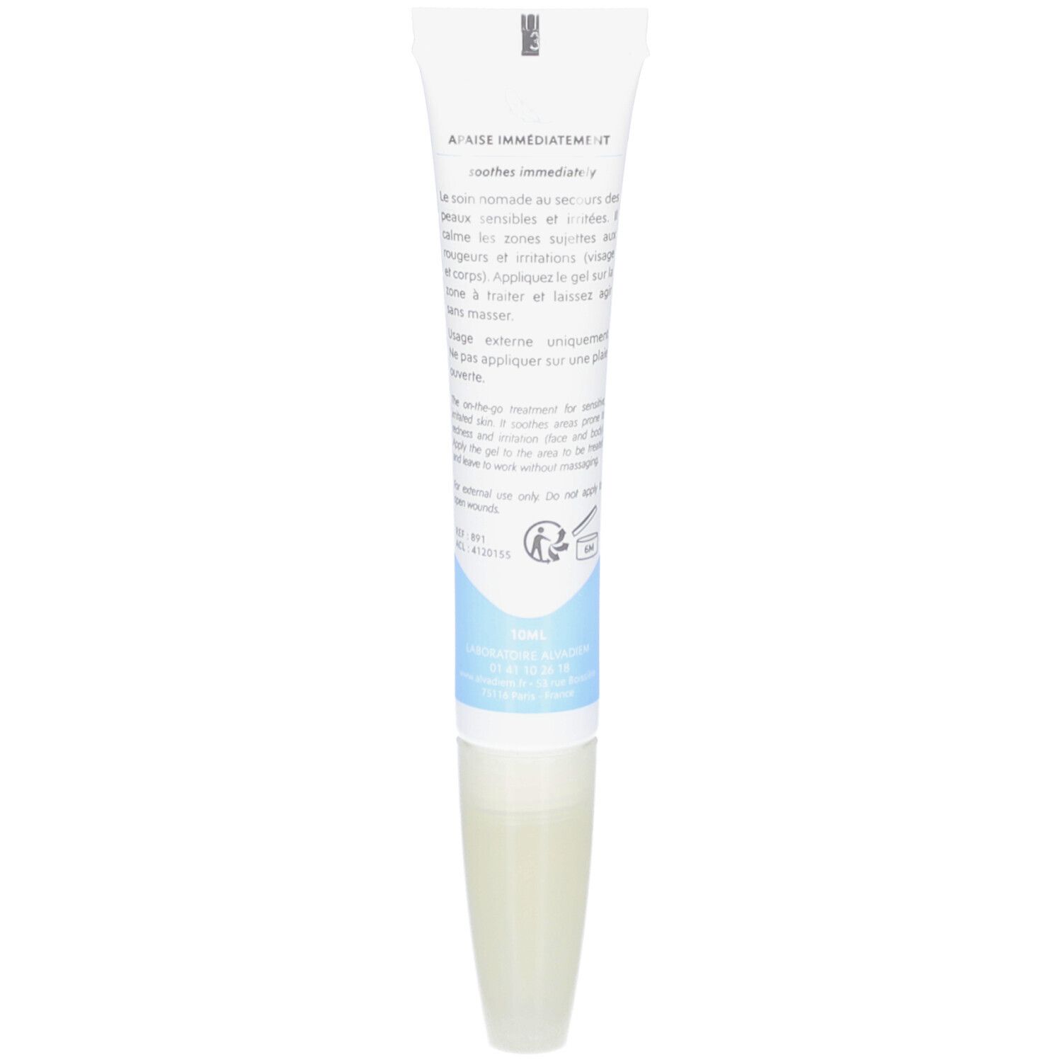 Achterkant van de crèmetube. Tekst in het Frans. Bevat instructies en gebruiksinformatie.