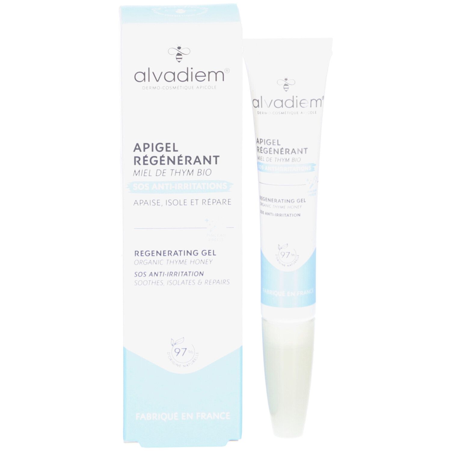 Product en verpakking. Tube en doos. Opschrift: Apigel Régénérant, Miel de Thym Bio. Met logo en certificering.