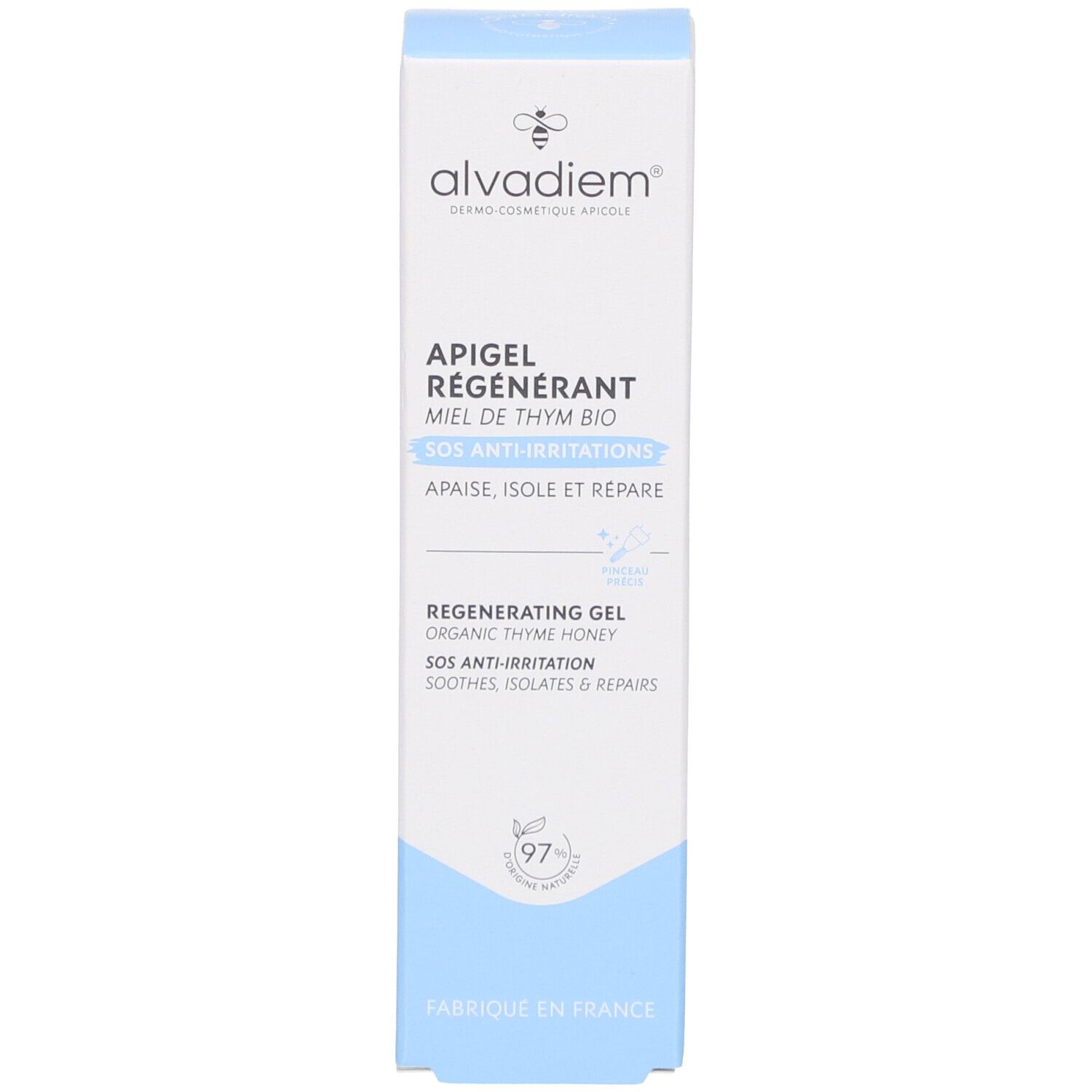 Productverpakking. Opschrift: Apigel Régénérant, Miel de Thym Bio. Met logo en certificering. Blauwe en witte kleuren.