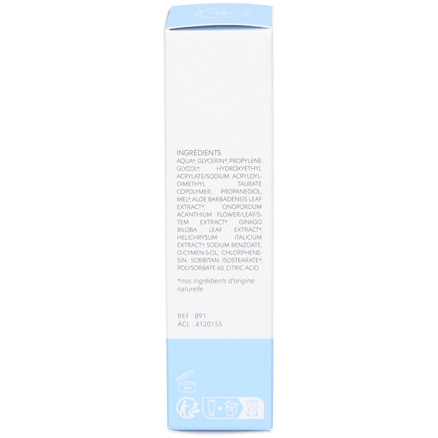 Productverpakking. Lijst van ingrediënten. Tekst in het Frans. Met logo en referentienummers.