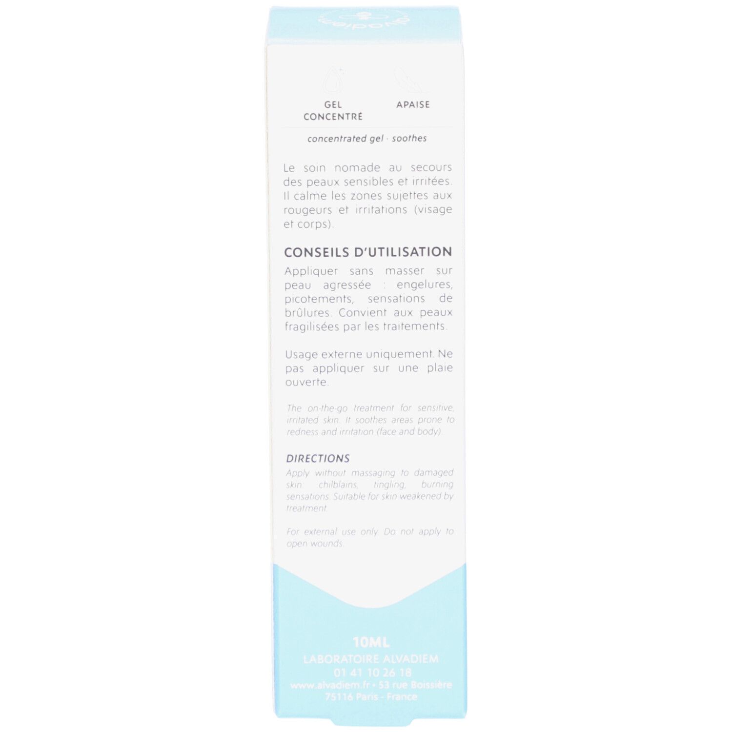 Productverpakking. Tekst in het Frans. Bevat gebruikstips. Met logo en volume-aanduiding.