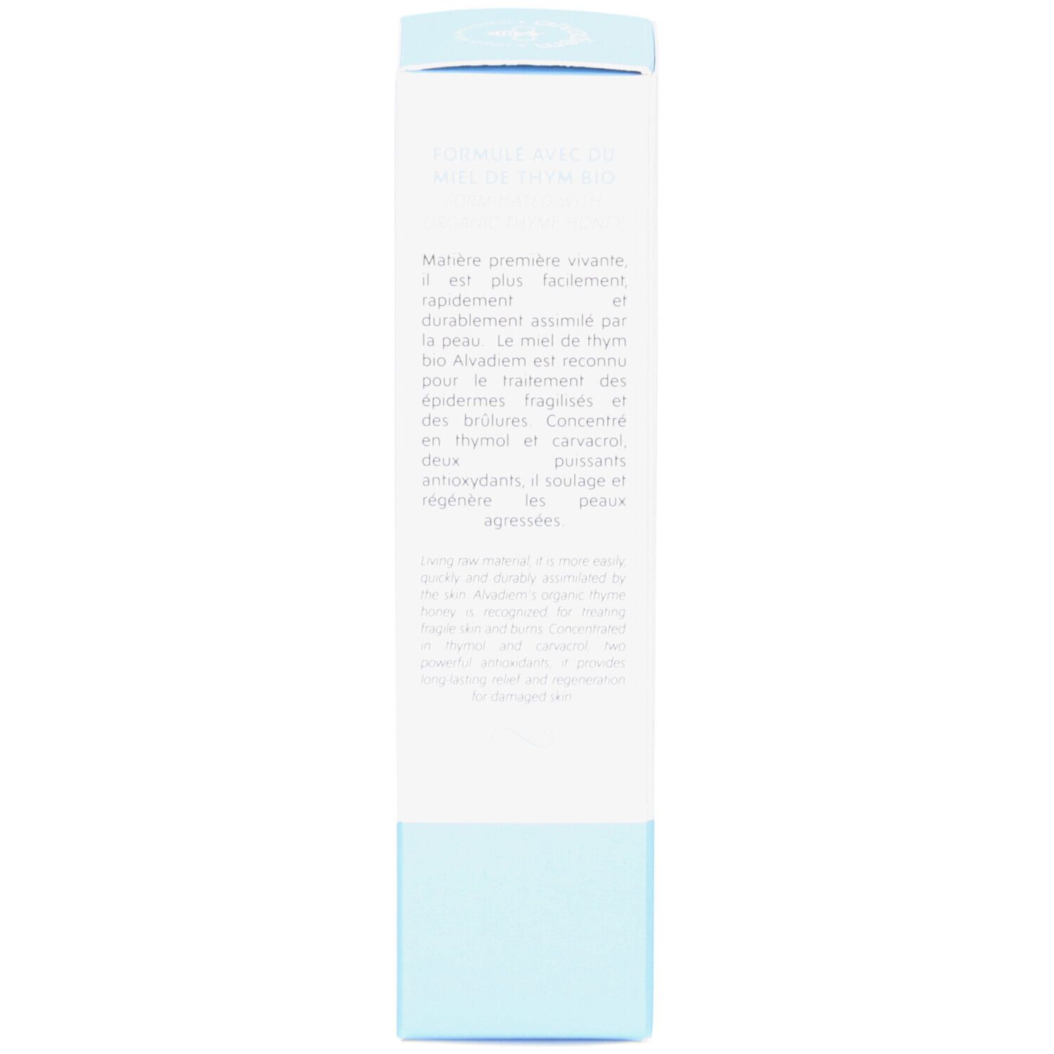 Productverpakking. Tekst in het Frans. Beschrijft de ingrediënten en hun werking. Met logo.