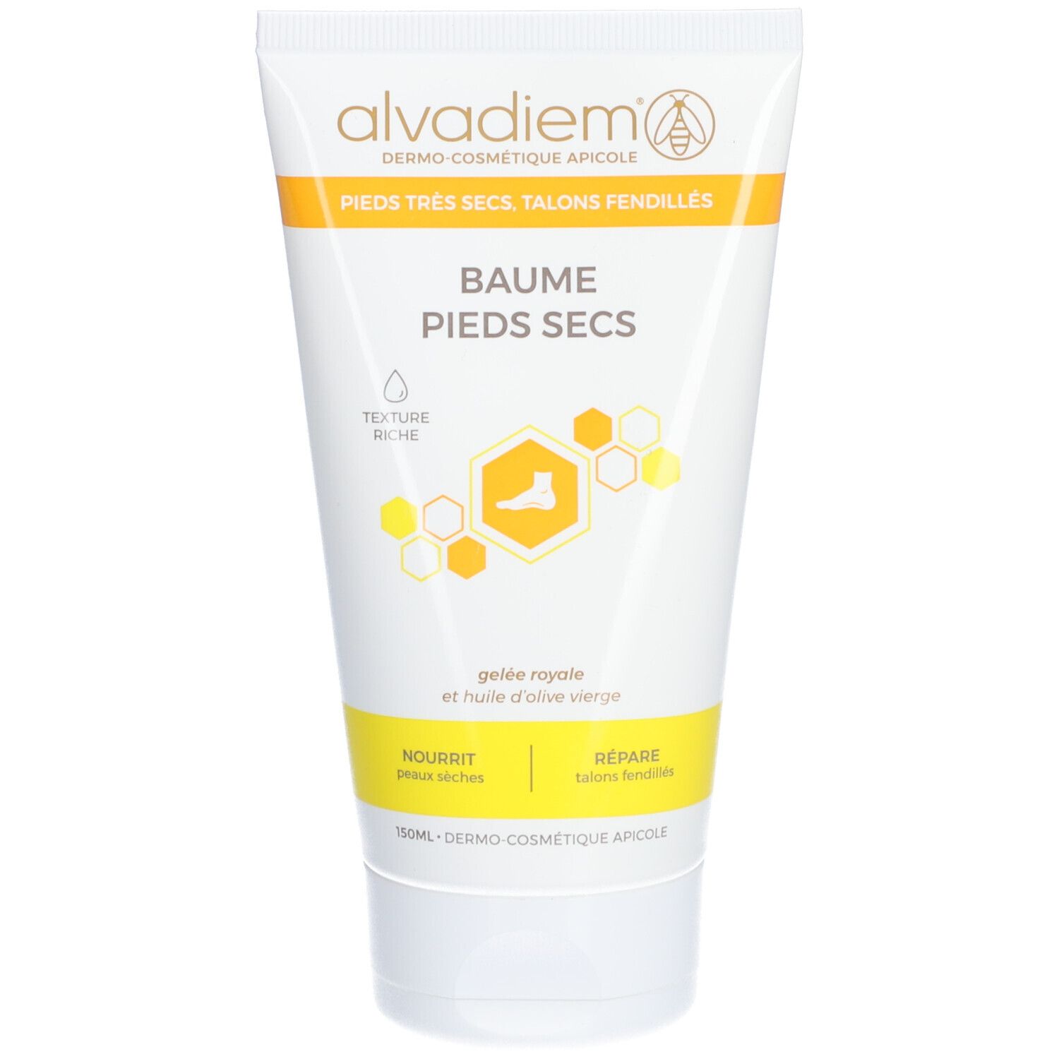 Witte tube met gele accenten. Opschrift Alvadiem, Baume Pieds Secs. Tekst: Pieds très secs, talons fendillés. Logo: voet in honingraat.