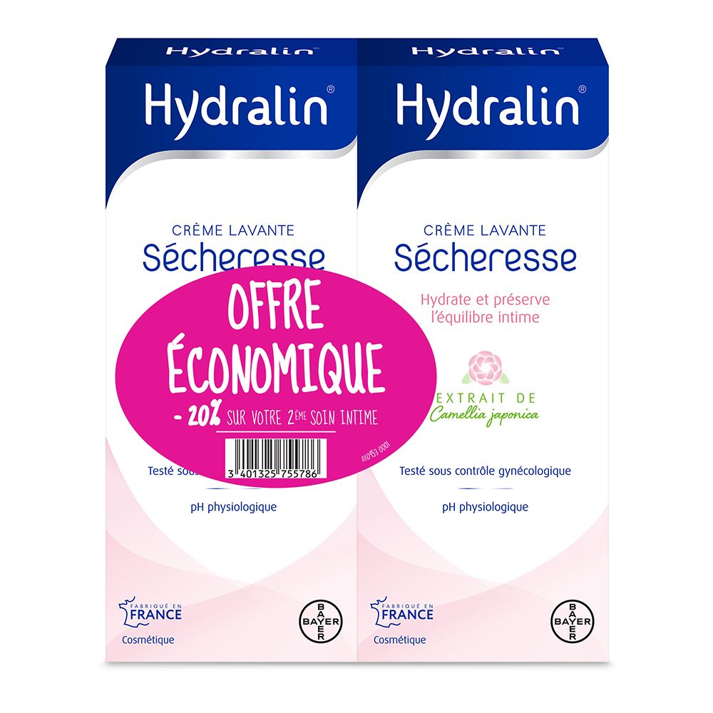 Deux boîtes de Hydralin® Crème Lavante Sécheresse. Étiquette rose avec texte. Logo Bayer.