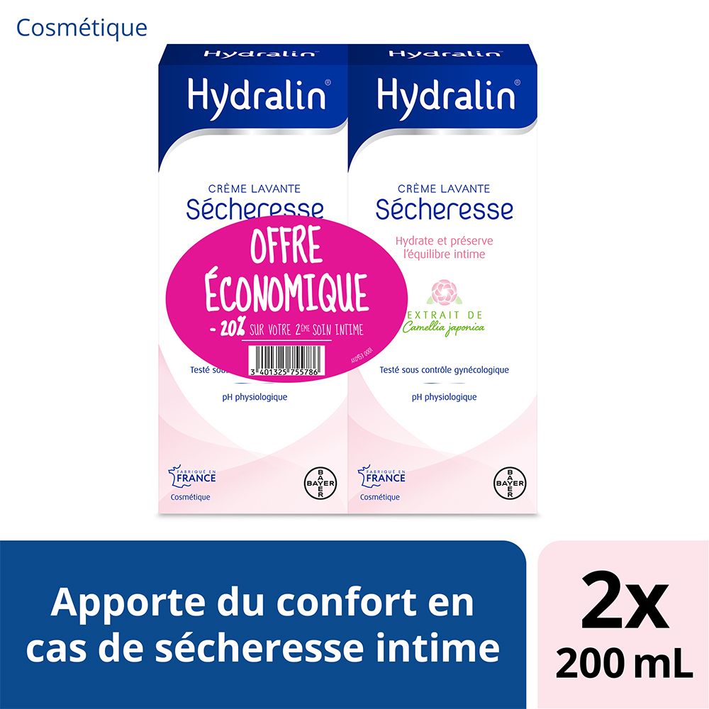 Deux boîtes de Hydralin® Crème Lavante Sécheresse. Texte: Apporte du confort en cas de sécheresse intime. 2x 200 ml.