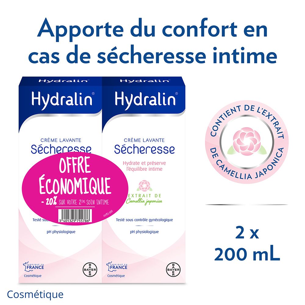 Deux boîtes de Hydralin® Crème Lavante Sécheresse. Texte: Contient de l'extrait de Camellia japonica. 2x 200 ml.