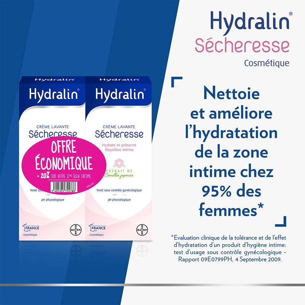 Texte: Nettoie et améliore l'hydratation de la zone intime chez 95% des femmes. Hydralin® Sécheresse.