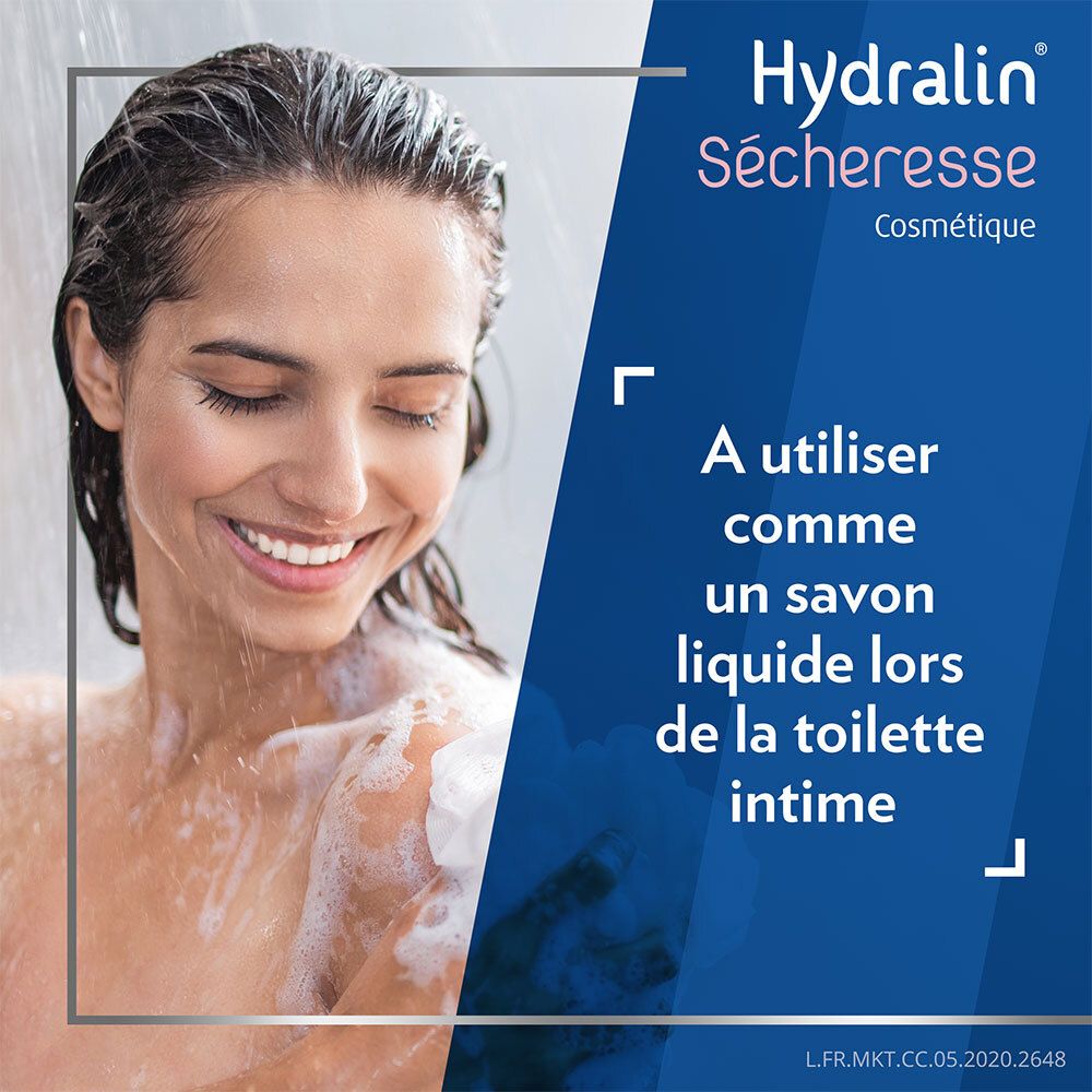 Femme sous la douche. Texte: A utiliser comme un savon liquide lors de la toilette intime. Hydralin® Sécheresse.