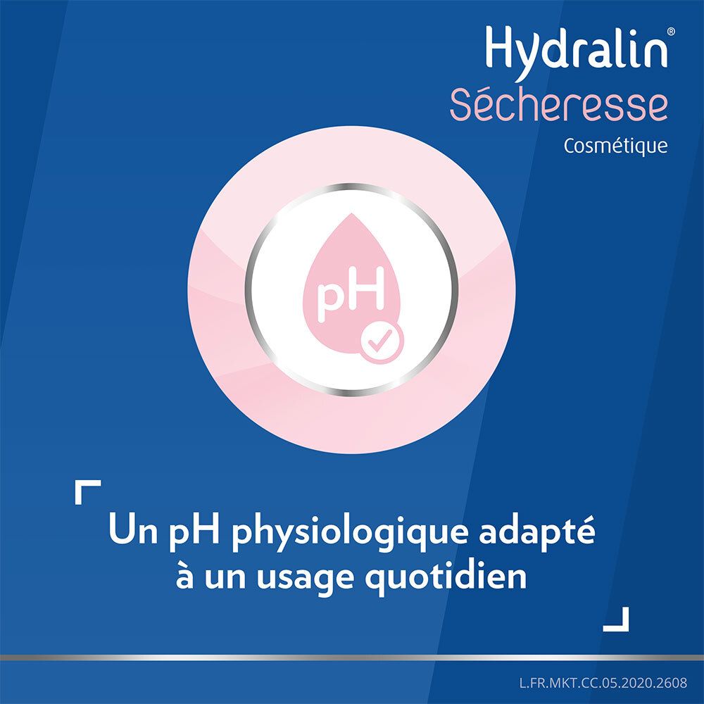 Symbole pH rose. Texte: Un pH physiologique adapté à un usage quotidien. Hydralin® Sécheresse.