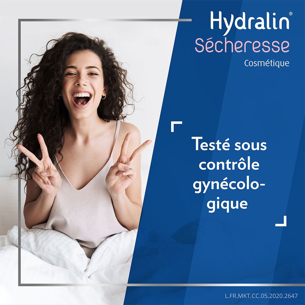 Femme joyeuse. Texte: Testé sous contrôle gynécologique. Hydralin® Sécheresse.