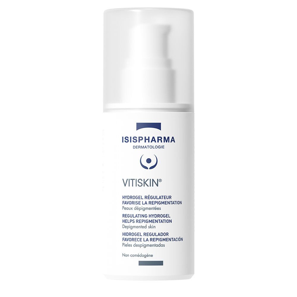 Witte fles met pomp. Opschrift: ISISPHARMA, Vitiskin. Tekst: Hydrogel helpt bij repigmentatie van de huid.