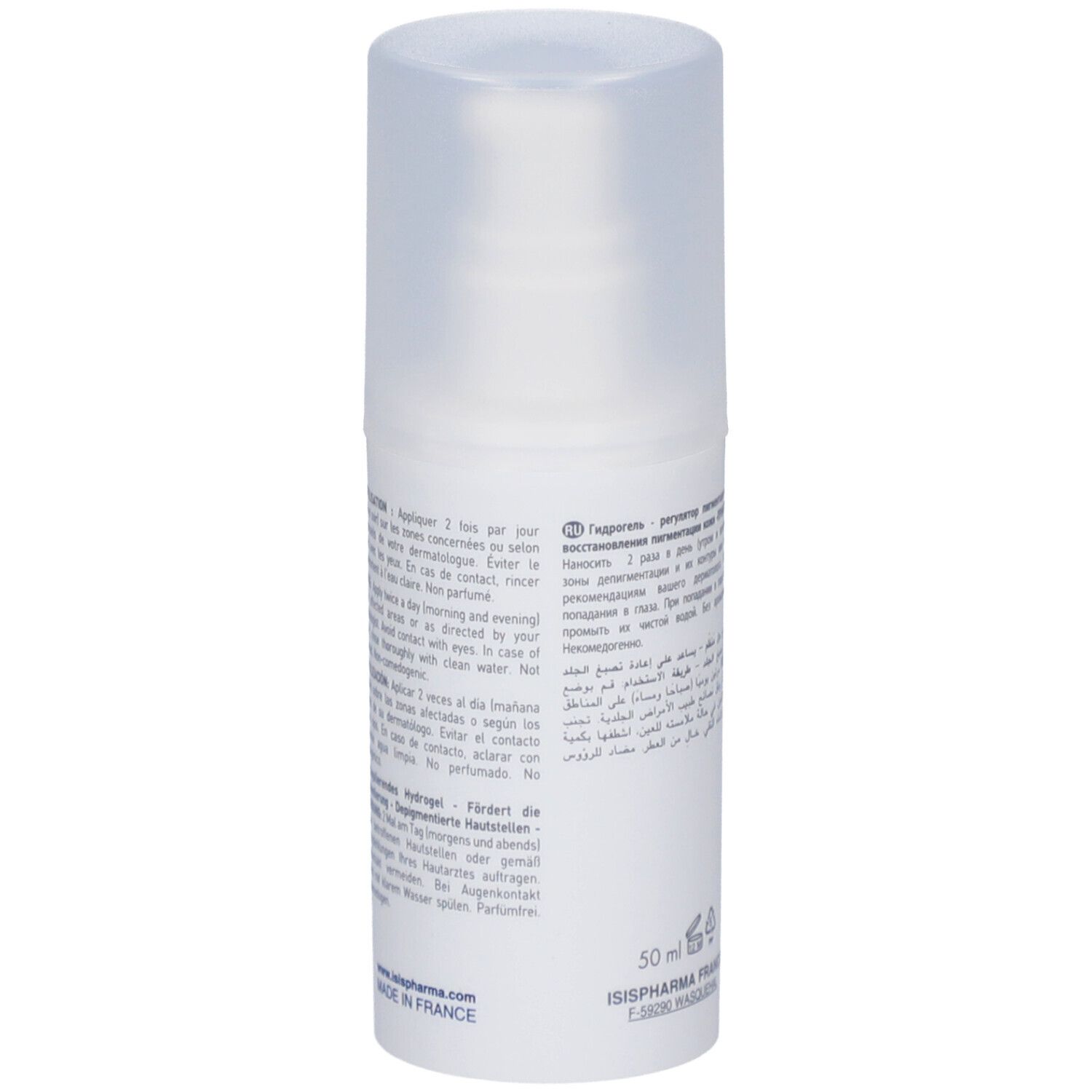 Zijaanzicht van de witte fles. Meertalige tekst. Opschrift: 50 ml. Gemaakt in Frankrijk.