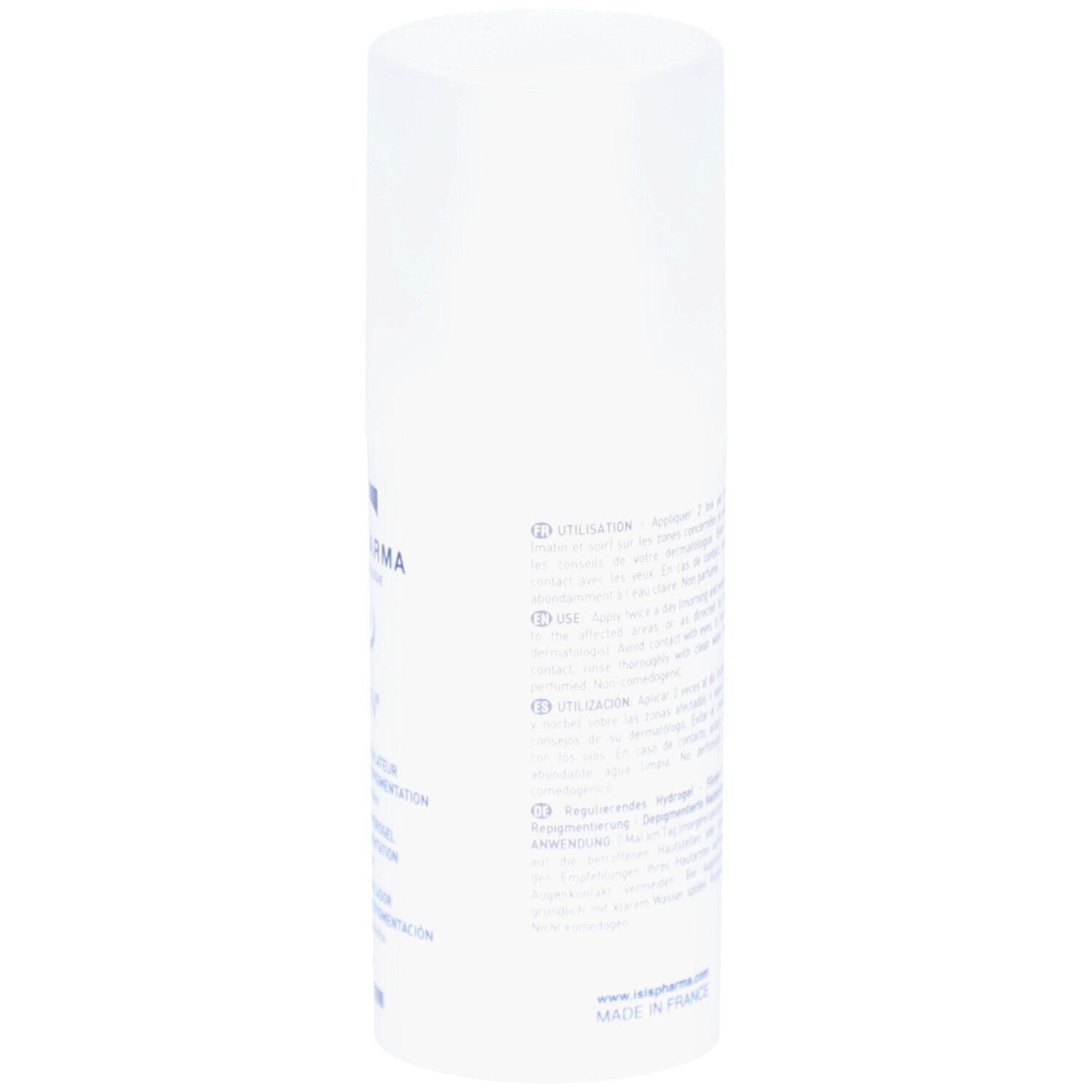 Zijaanzicht van de witte fles. Meertalige tekst. Opschrift: 50 ml. Gemaakt in Frankrijk.