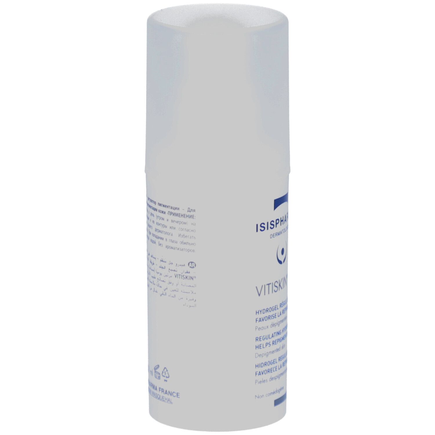 Achterkant van de witte fles. Meertalige tekst. Opschrift: 50 ml. Gemaakt in Frankrijk.