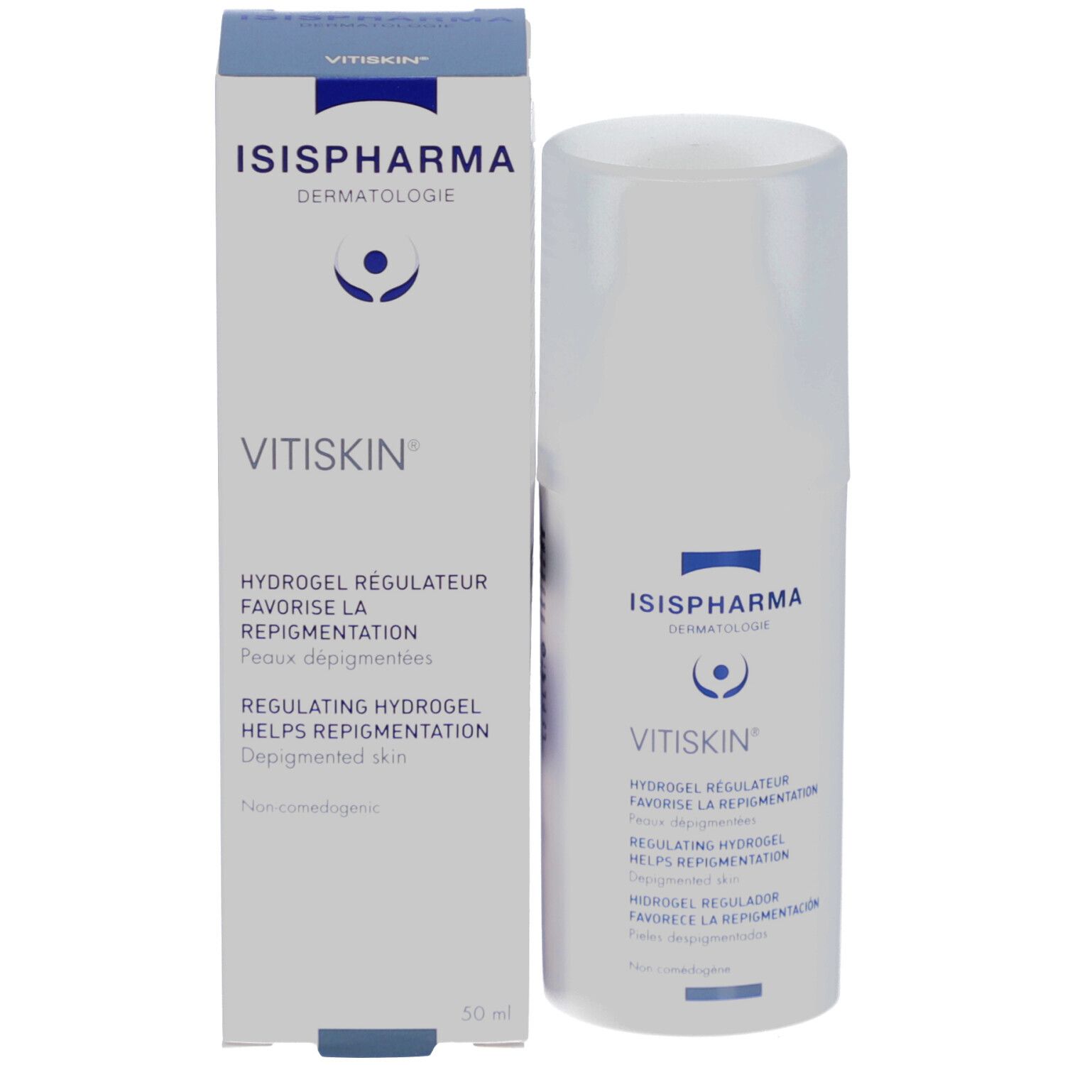 Productverpakking met fles en doos. Opschrift: ISISPHARMA, Vitiskin. Tekst: Hydrogel helpt bij repigmentatie.