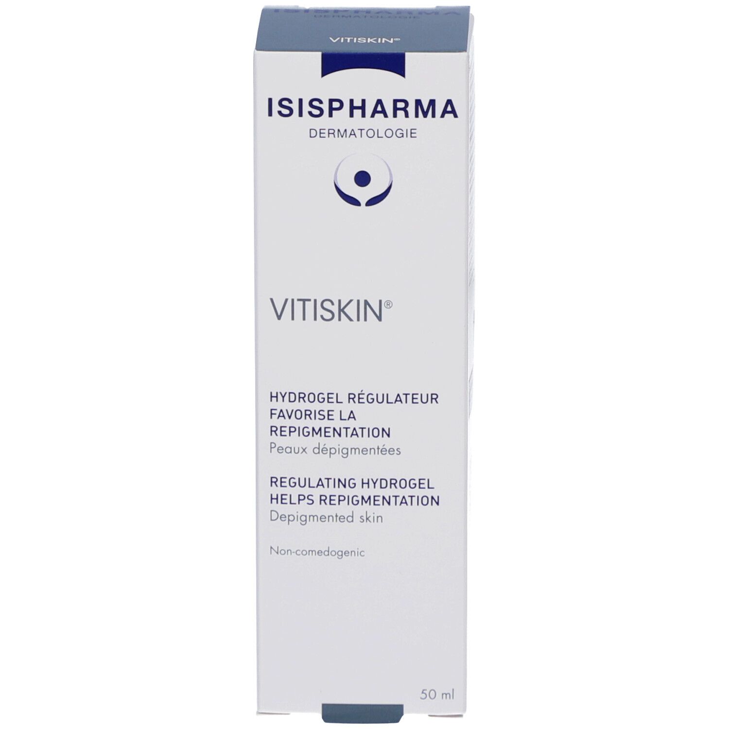 Productverpakking, doos. Opschrift: ISISPHARMA, Vitiskin. Tekst: Hydrogel helpt bij repigmentatie.