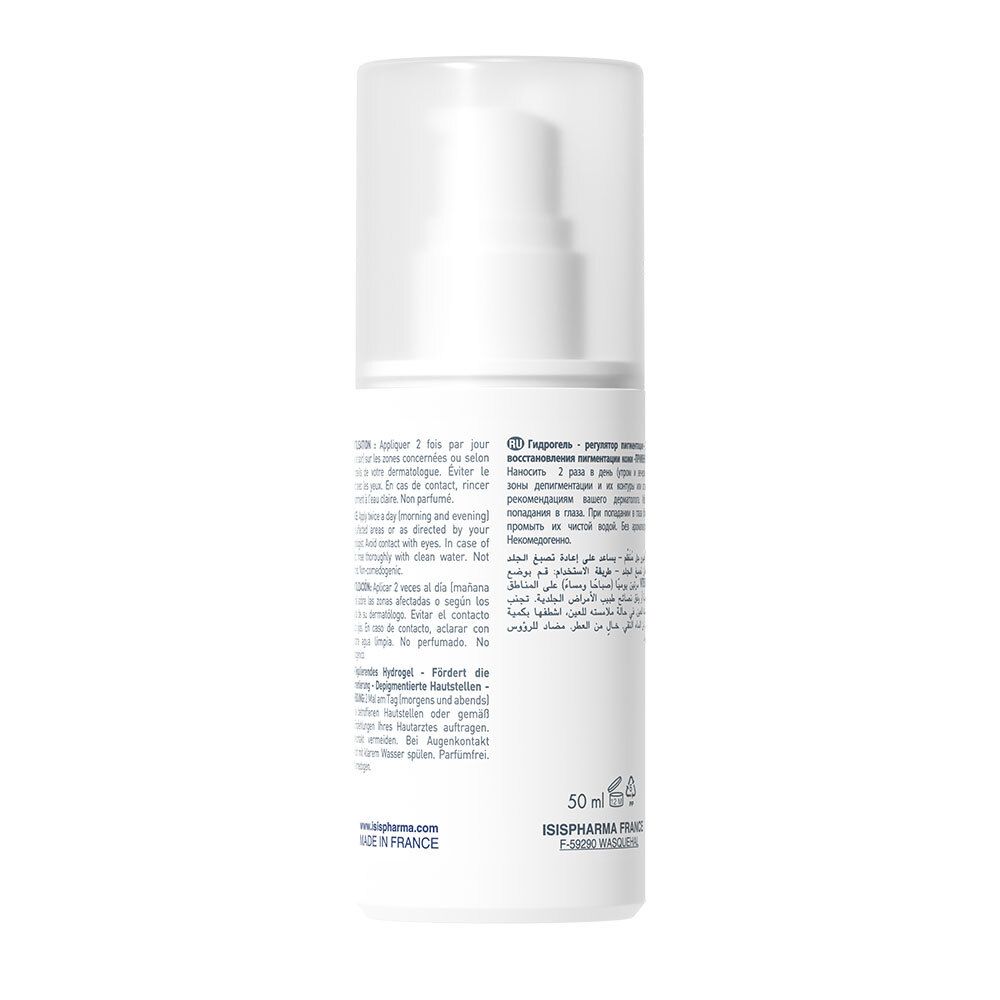 Achterkant van de witte fles. Meertalige tekst. Opschrift: 50 ml. Gemaakt in Frankrijk.