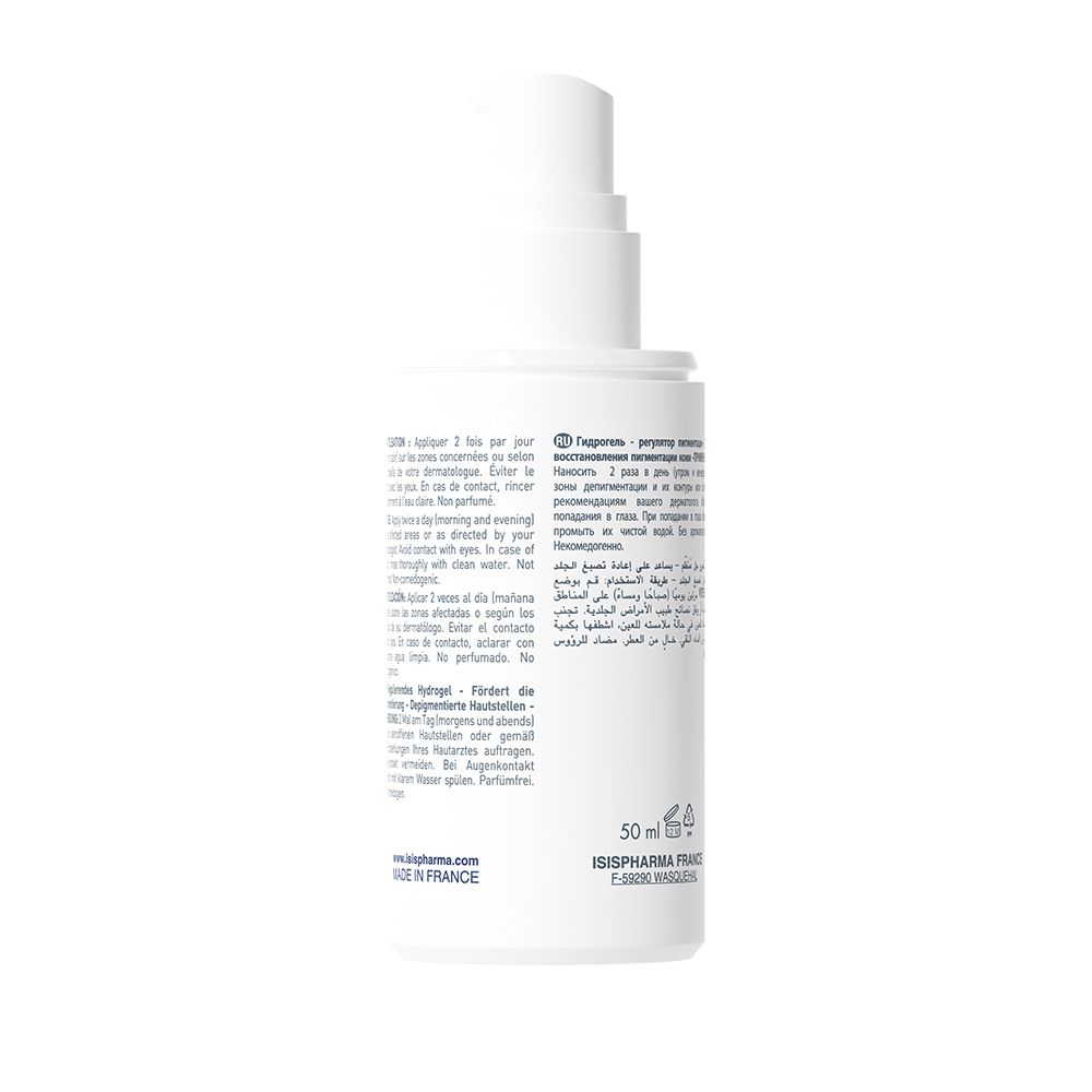 Achterkant van de witte dispenser. Meertalige tekst. Volume: 50 ml. Gemaakt in Frankrijk.