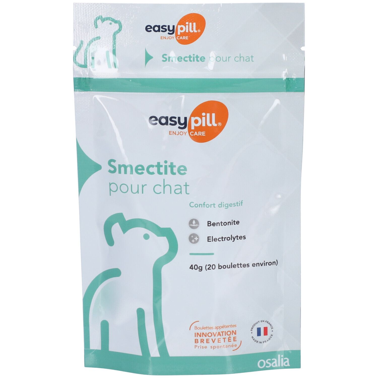 Sachet EASYPILL Smectite Pour Chat. Emballage blanc et vert avec nom du produit et silhouette de chat. Contient 40g, 20 comprimés.