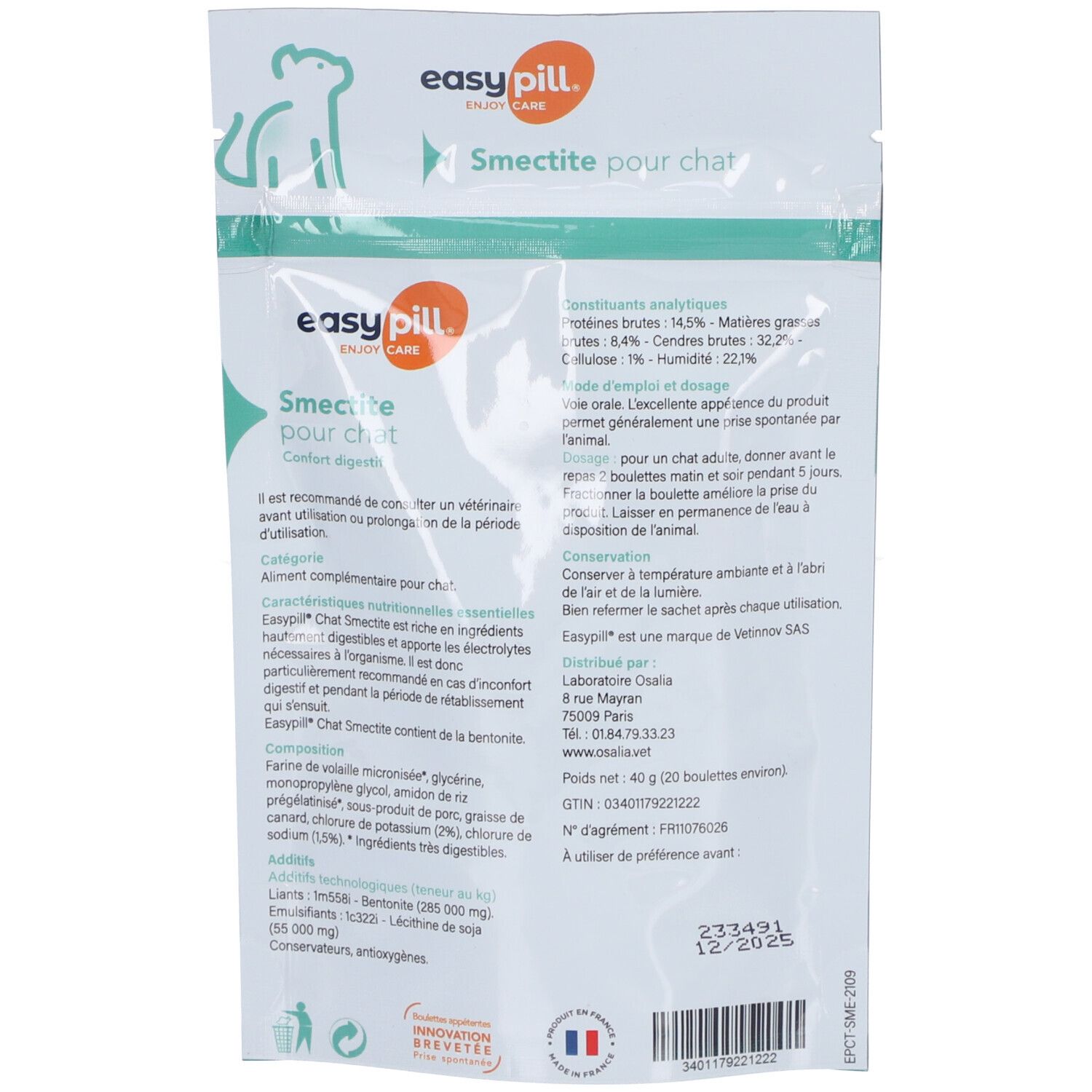 Dos du sachet EASYPILL Smectite Pour Chat. Contient des informations sur les ingrédients, l'utilisation et le fabricant. 40g, 20 comprimés.